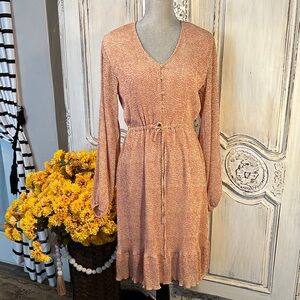 Mikarose Elegant Peach Micro Pleated Feminine Long Sleeve Dress